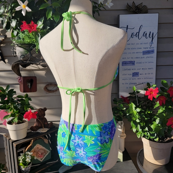 CHRISTINA ♡ Gorgeous 2pc Blue 'n Green Floral String Bikini Top Swimsuit XL - Picture 5 of 17